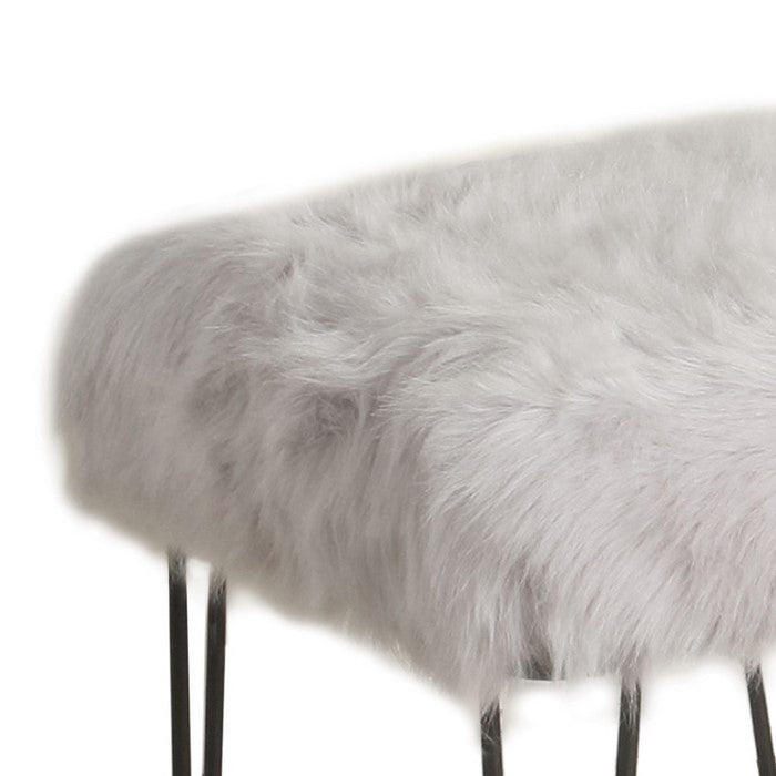 Metal Framed Stool with Faux Fur Upholstered Seat and Hairpin Legs, Gray and Black