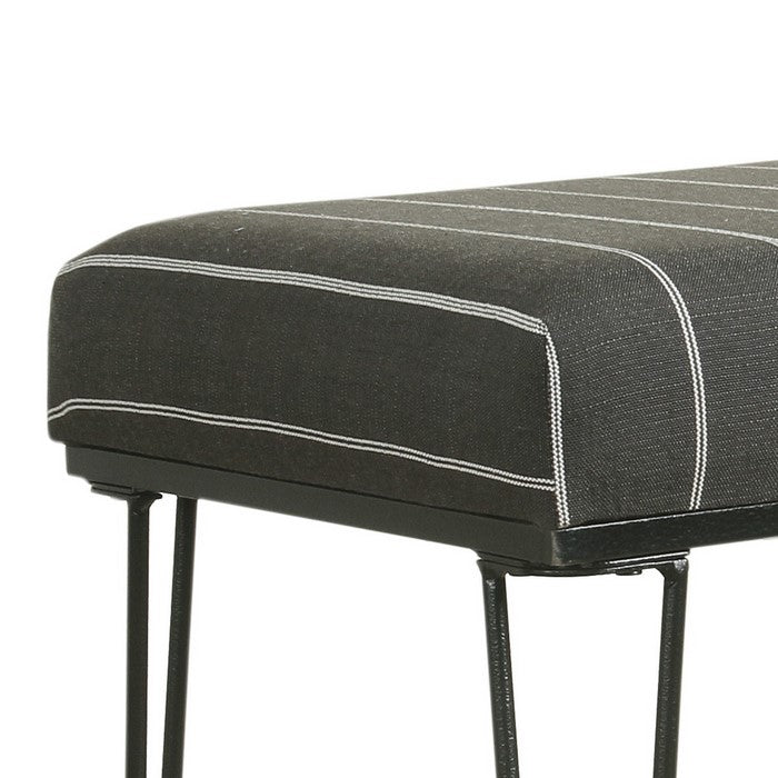 Metal Framed Stool Ottoman with Stripe Patterned Fabric Upholstered Seat, Gray and Black