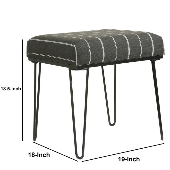 Metal Framed Stool Ottoman with Stripe Patterned Fabric Upholstered Seat, Gray and Black