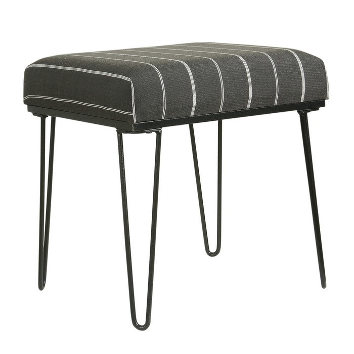 Metal Framed Stool Ottoman with Stripe Patterned Fabric Upholstered Seat, Gray and Black