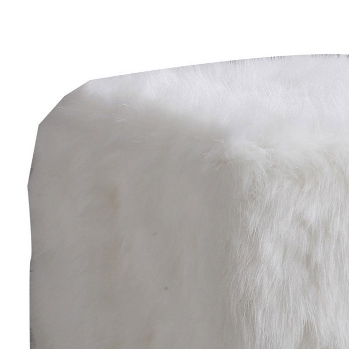Faux Fur Upholstered Wooden Ottoman in Cube Shape, White