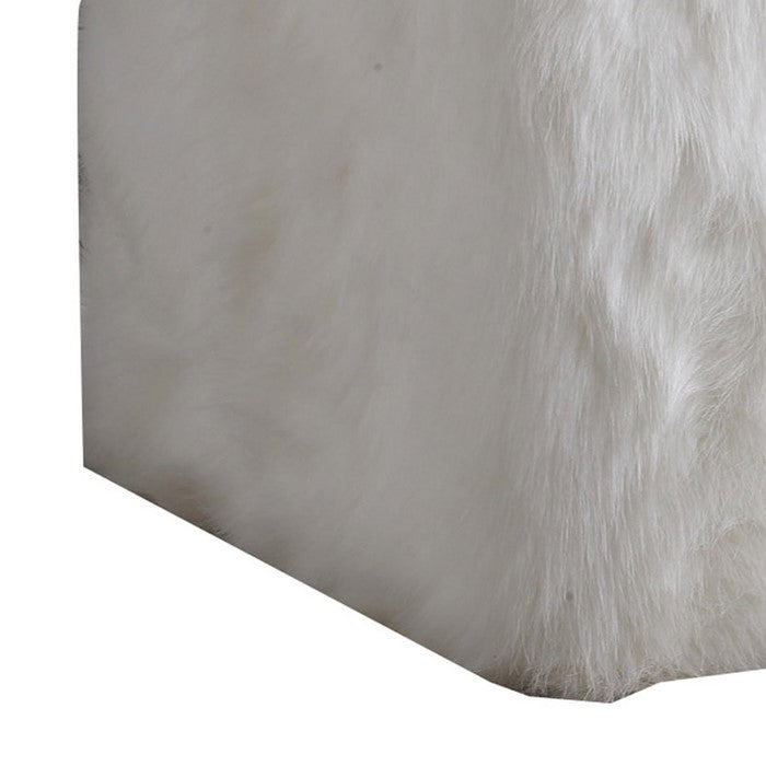 Faux Fur Upholstered Wooden Ottoman in Cube Shape, White