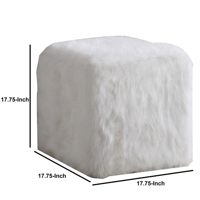 Faux Fur Upholstered Wooden Ottoman in Cube Shape, White