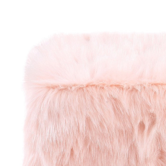 Faux Fur Upholstered Wooden Ottoman in Cube Shape, Pink