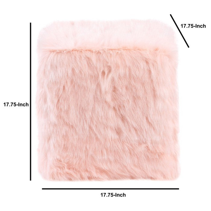 Faux Fur Upholstered Wooden Ottoman in Cube Shape, Pink