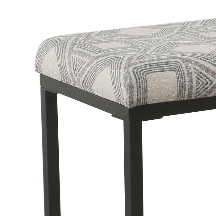 Geometric Patterned Fabric Upholstered Ottoman with X Shape Metal Base, Gray and Cream