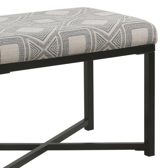 Geometric Patterned Fabric Upholstered Ottoman with X Shape Metal Base, Gray and Cream