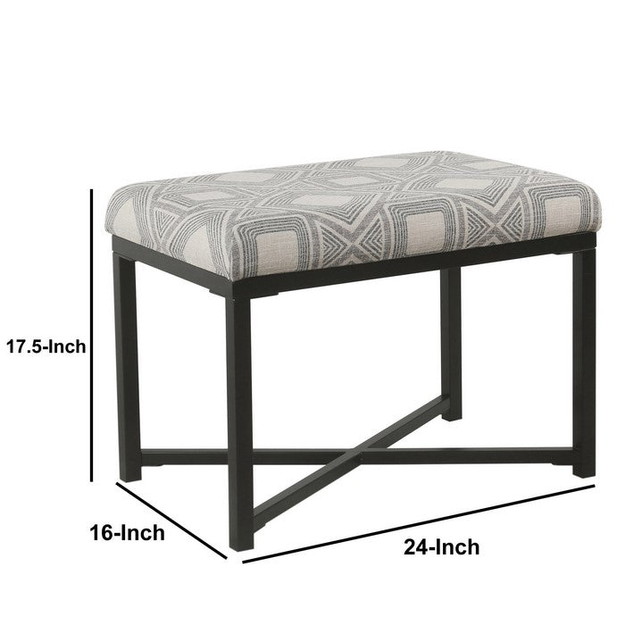 Geometric Patterned Fabric Upholstered Ottoman with X Shape Metal Base, Gray and Cream