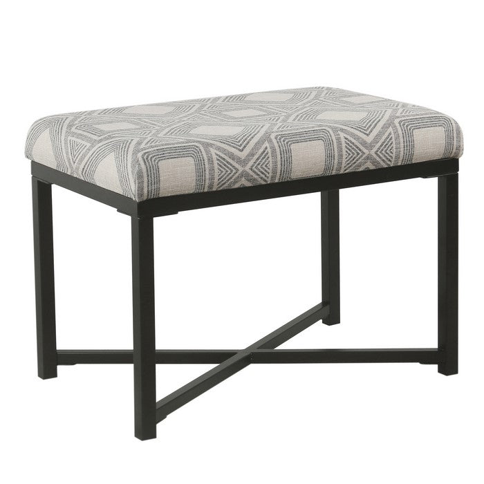 Geometric Patterned Fabric Upholstered Ottoman with X Shape Metal Base, Gray and Cream