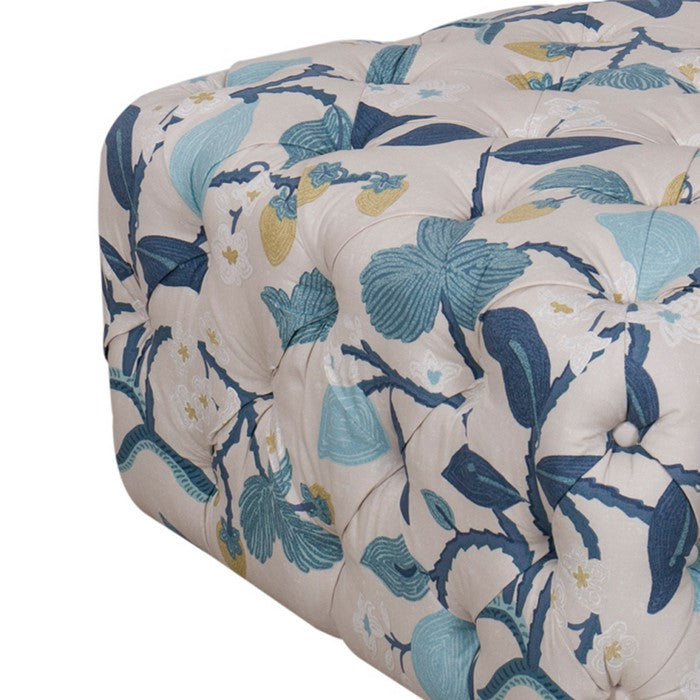 Floral Patterned Fabric Upholstered Wooden Ottoman with Button Tufted Detailing, Multicolor