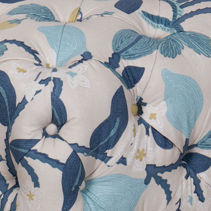 Floral Patterned Fabric Upholstered Wooden Ottoman with Button Tufted Detailing, Multicolor