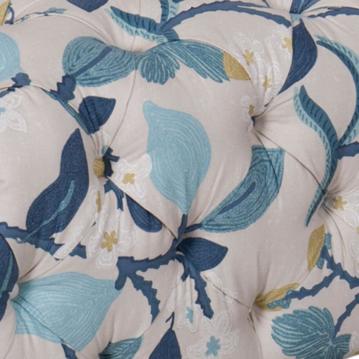 Floral Patterned Fabric Upholstered Wooden Ottoman with Button Tufted Detailing, Multicolor