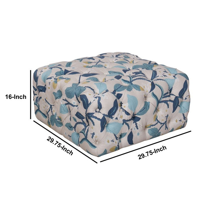 Floral Patterned Fabric Upholstered Wooden Ottoman with Button Tufted Detailing, Multicolor