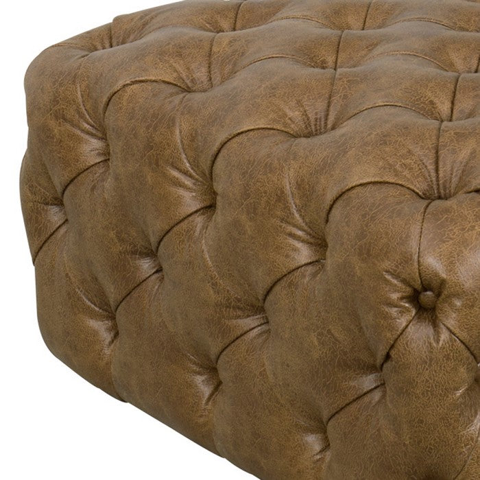 Faux Leather Upholstered Wooden Ottoman with Button Tufted Detailing, Brown