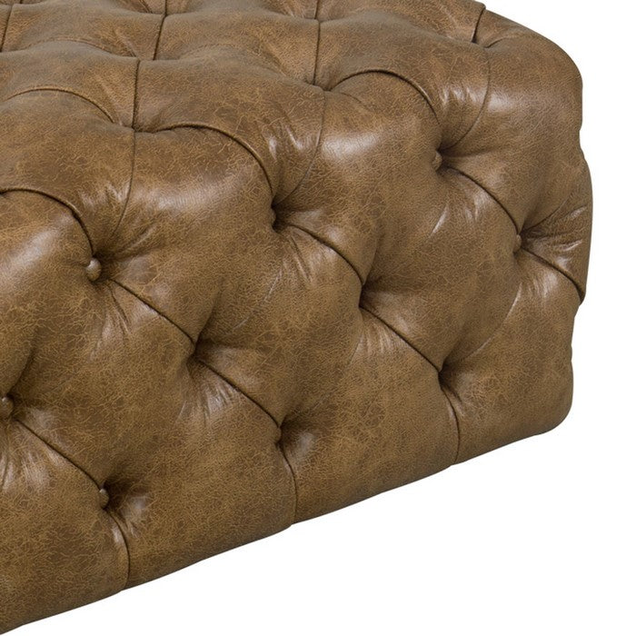 Faux Leather Upholstered Wooden Ottoman with Button Tufted Detailing, Brown