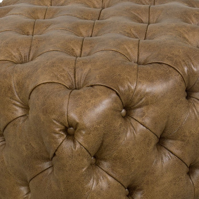 Faux Leather Upholstered Wooden Ottoman with Button Tufted Detailing, Brown