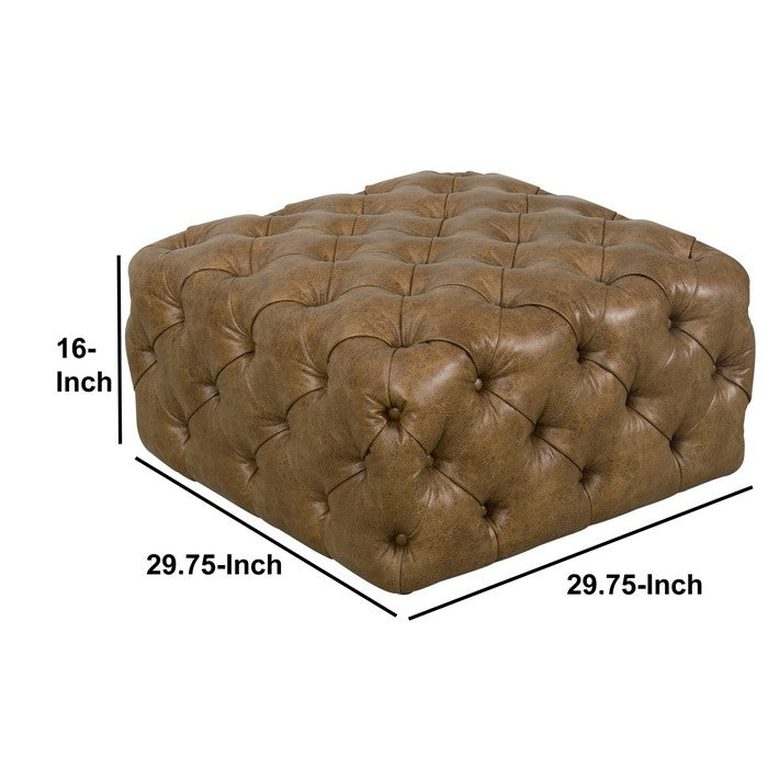 Faux Leather Upholstered Wooden Ottoman with Button Tufted Detailing, Brown