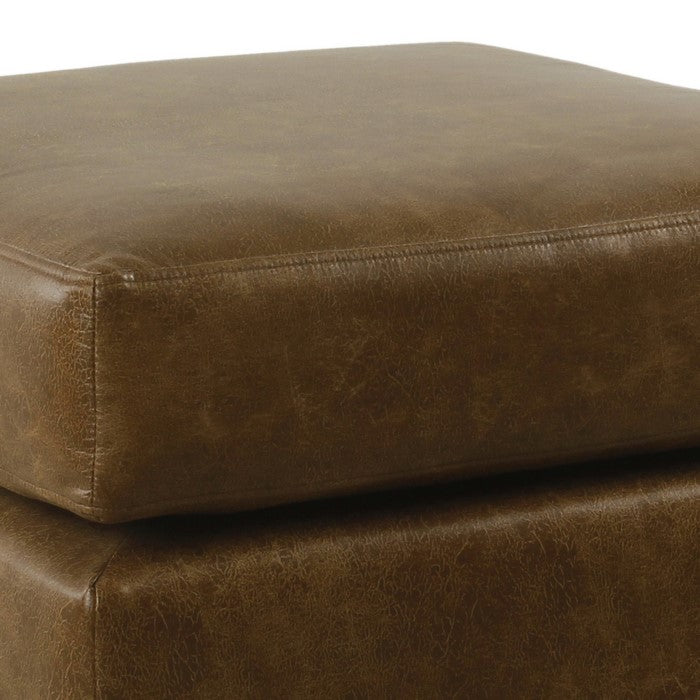 Faux Leather Upholstered Pillowtop Ottoman with Wooden Tapered Legs, Brown and Black