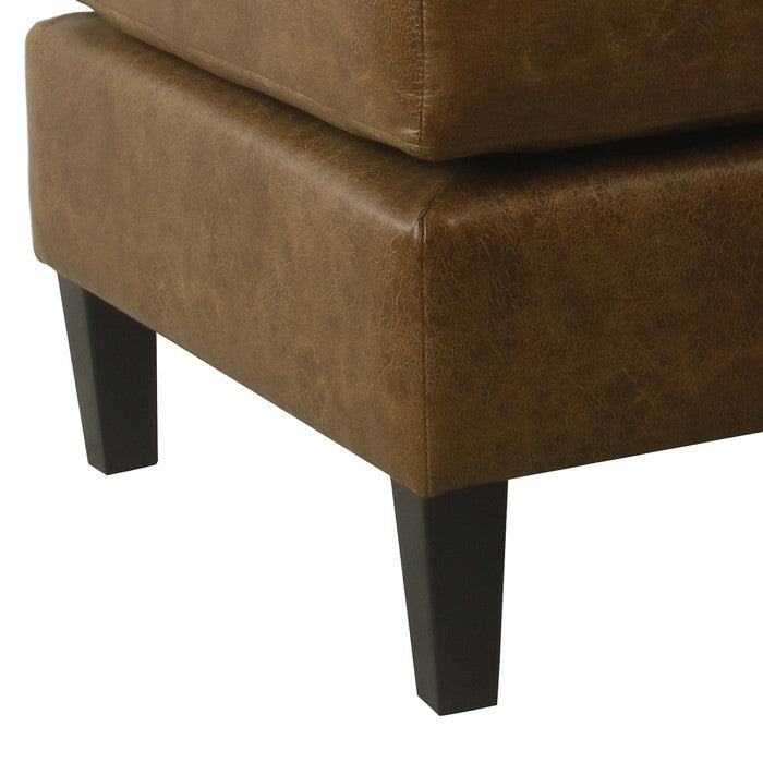 Faux Leather Upholstered Pillowtop Ottoman with Wooden Tapered Legs, Brown and Black
