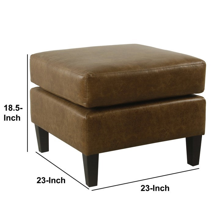 Faux Leather Upholstered Pillowtop Ottoman with Wooden Tapered Legs, Brown and Black