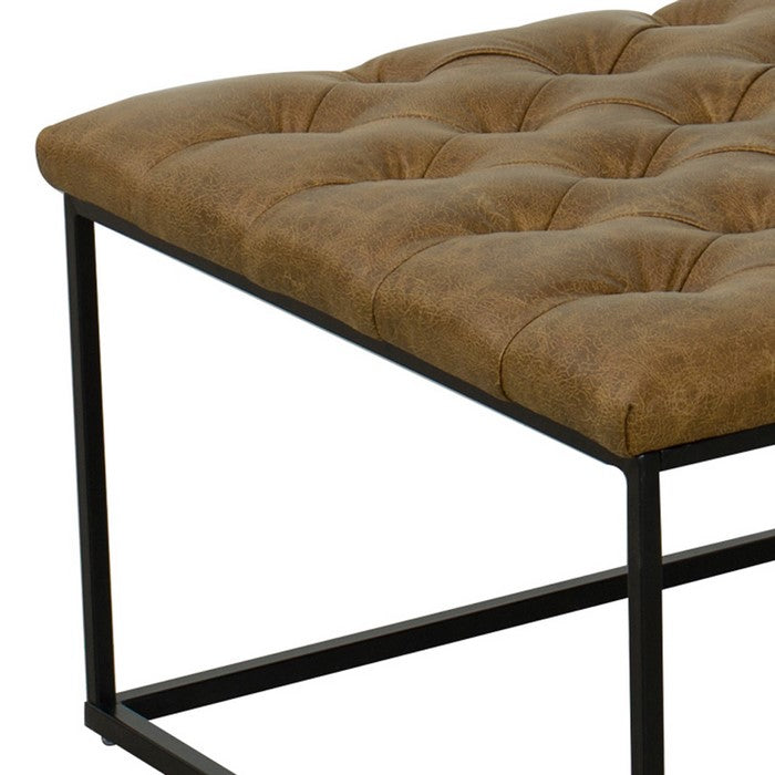 Metal Framed Ottoman with Faux Leather Upholstered Button Tufted Seat, Brown and Black