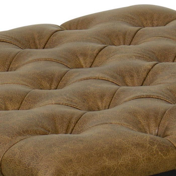 Metal Framed Ottoman with Faux Leather Upholstered Button Tufted Seat, Brown and Black