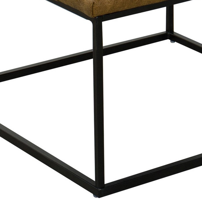 Metal Framed Ottoman with Faux Leather Upholstered Button Tufted Seat, Brown and Black