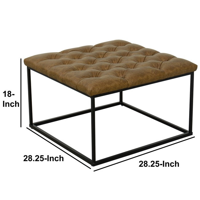 Metal Framed Ottoman with Faux Leather Upholstered Button Tufted Seat, Brown and Black