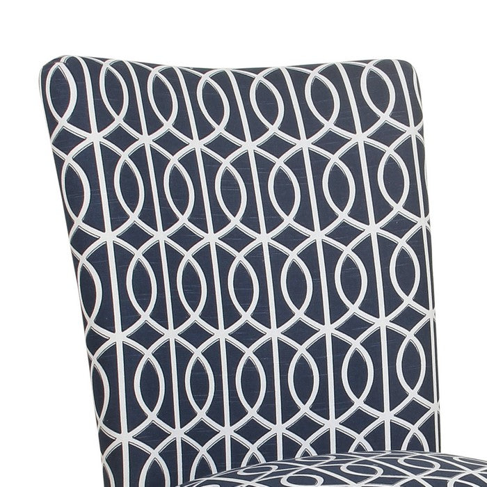 Trellis Patterned Fabric Upholstered Parsons Chair with Wooden Legs, Blue and White, Set of Two