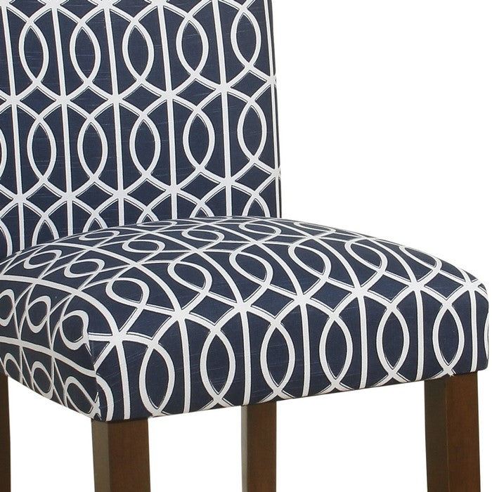 Trellis Patterned Fabric Upholstered Parsons Chair with Wooden Legs, Blue and White, Set of Two