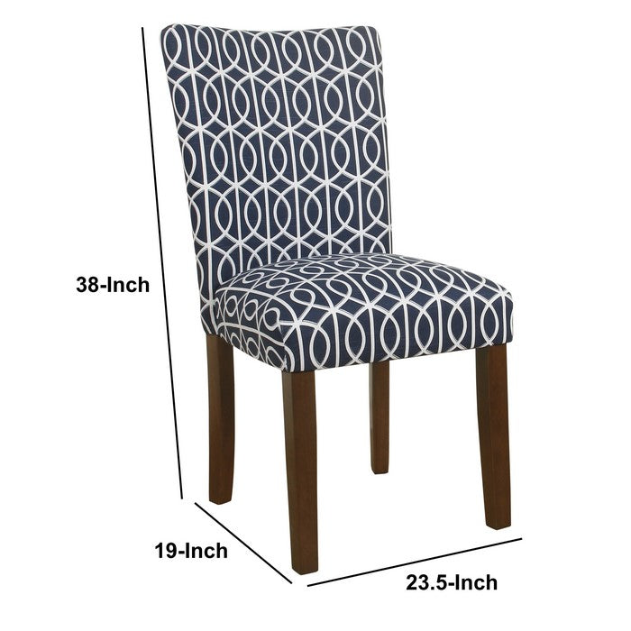 Trellis Patterned Fabric Upholstered Parsons Chair with Wooden Legs, Blue and White, Set of Two