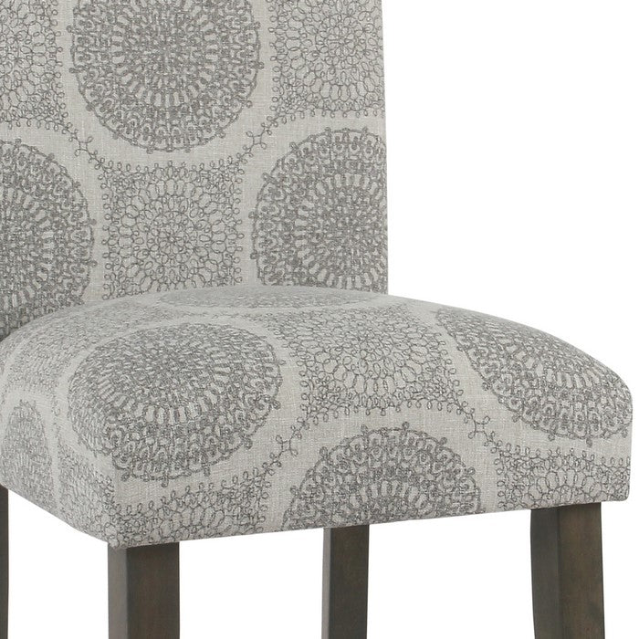 Medallion Pattern Fabric Upholstered Parsons Chair with Wooden Legs, Gray and Brown, Set of Two