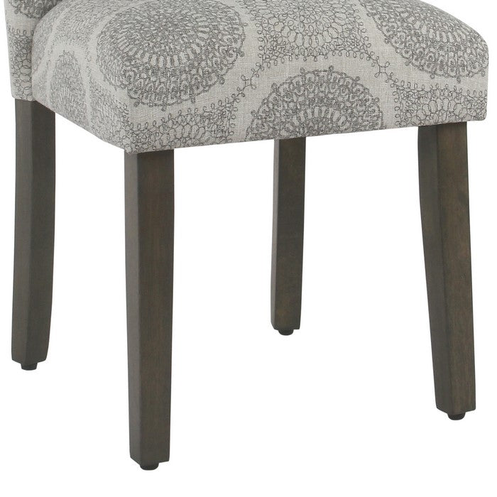 Medallion Pattern Fabric Upholstered Parsons Chair with Wooden Legs, Gray and Brown, Set of Two