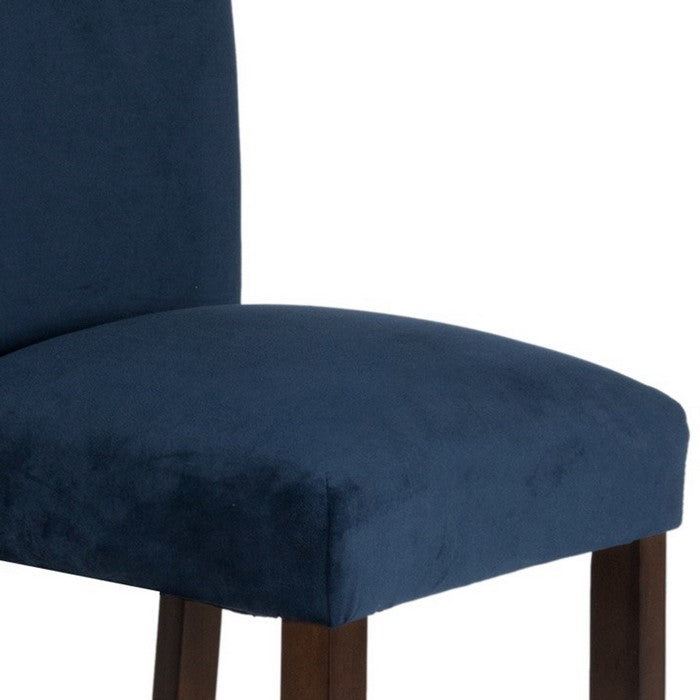 Velvet Upholstered Parsons Dining Chair with Wooden Legs, Navy Blue and Brown, Set of Two