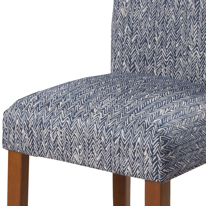 Textured Fabric Upholstered Parson Dining Chair with Wooden Legs, Blue and Brown, Set of Two
