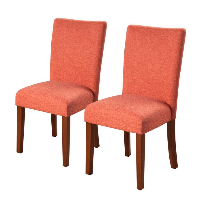 Fabric Upholstered Parson Dining Chair with Wooden Legs, Orange and Brown, Set of Two