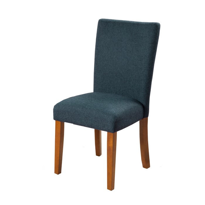 Fabric Upholstered Parson Dining Chair with Wooden Legs, Navy Blue and Brown, Set of Two