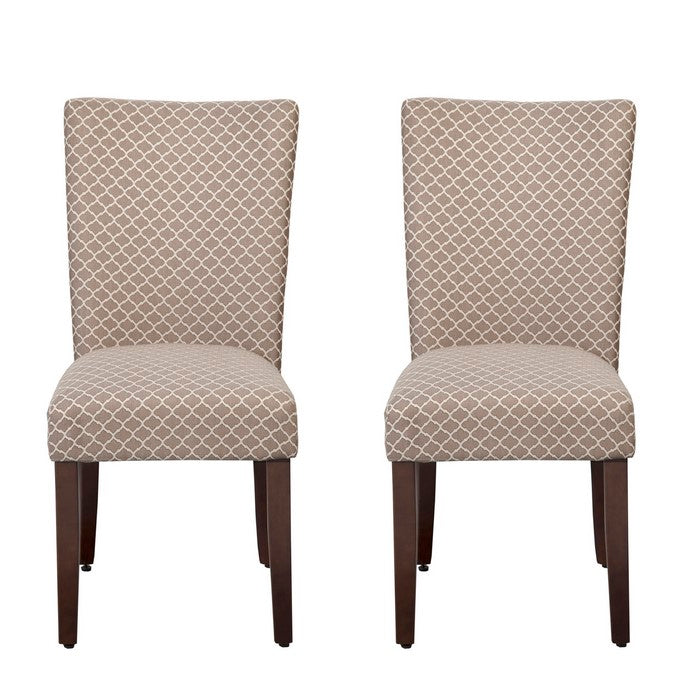 Quatrefoil Diamond Pattern Fabric Upholstered Chair with Wooden Legs, Brown and Cream, Set of Two