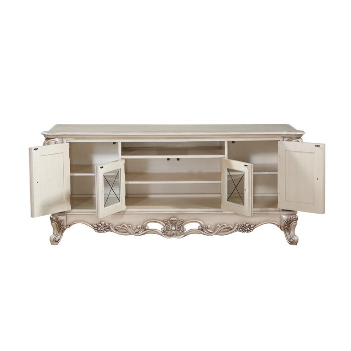 Traditional Wooden TV Stand with Four Door Cabinets and Open Compartment,  Antique White