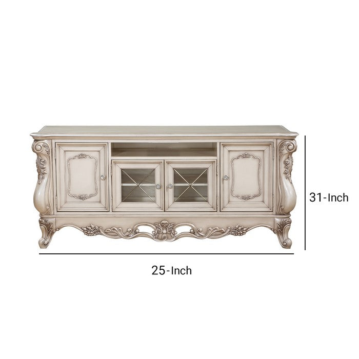 Traditional Wooden TV Stand with Four Door Cabinets and Open Compartment,  Antique White