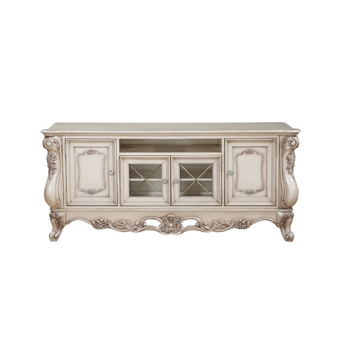 Traditional Wooden TV Stand with Four Door Cabinets and Open Compartment,  Antique White