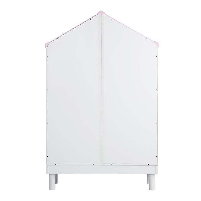 Hut Shape Wooden Bookcase with Five Spacious Shelves, White and Pink