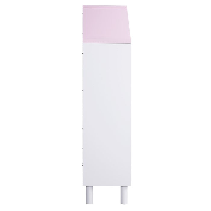 Hut Shape Wooden Bookcase with Five Spacious Shelves, White and Pink