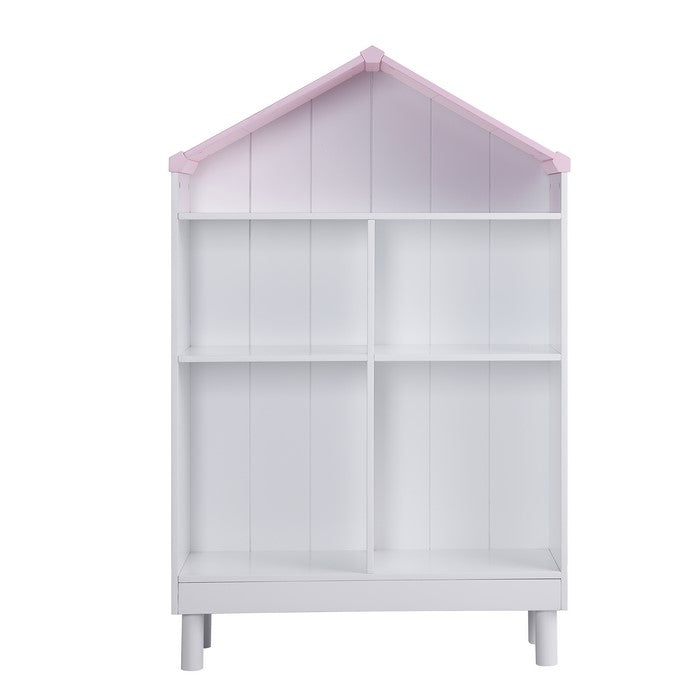 Hut Shape Wooden Bookcase with Five Spacious Shelves, White and Pink