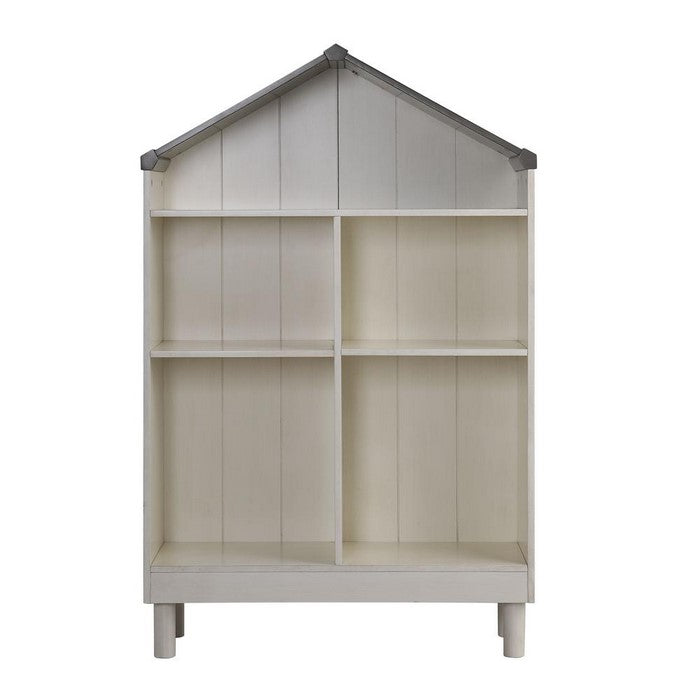 Hut Shape Wooden Bookcase with Five Spacious Shelves, White and Gray