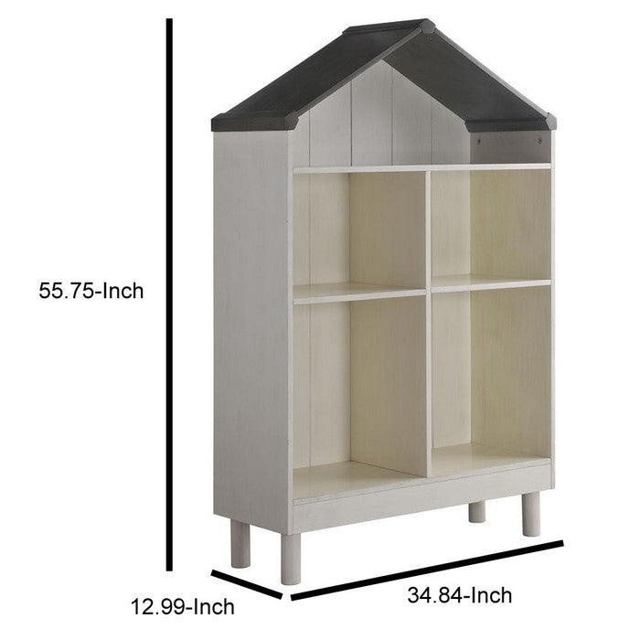 Hut Shape Wooden Bookcase with Five Spacious Shelves, White and Gray