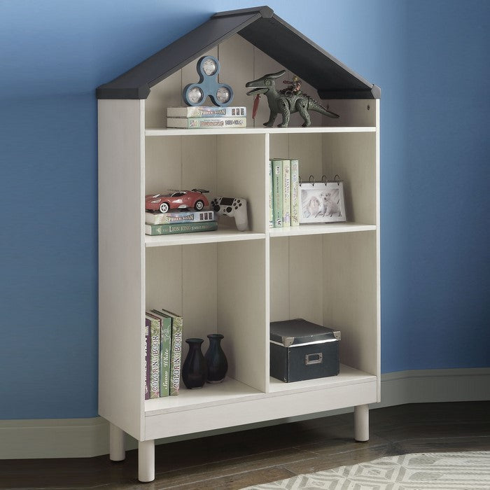Hut Shape Wooden Bookcase with Five Spacious Shelves, White and Gray