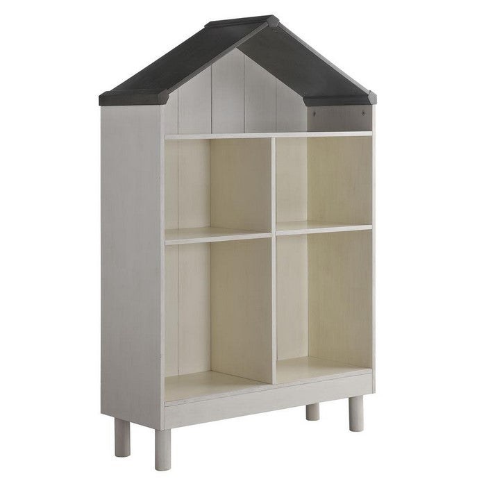 Hut Shape Wooden Bookcase with Five Spacious Shelves, White and Gray