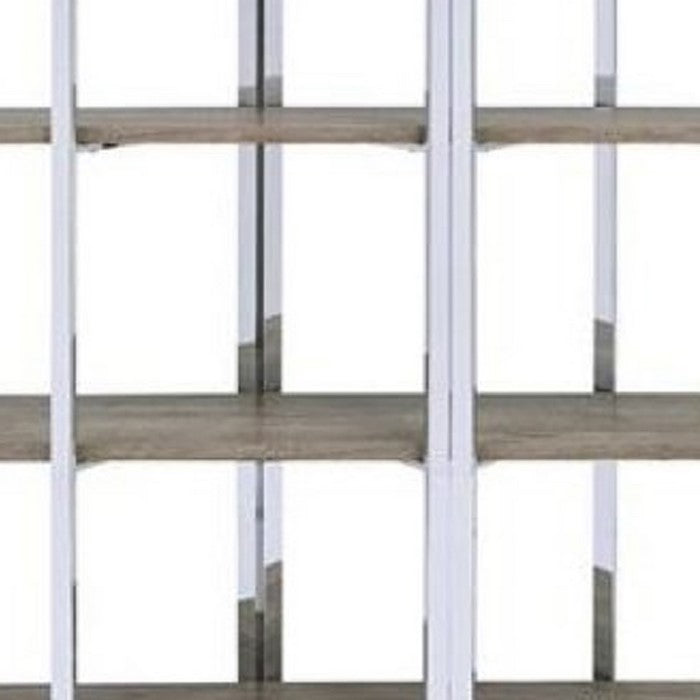 Geometric Metal Framed Bookshelf with Four Open Wooden Shelves, Brown and Silver