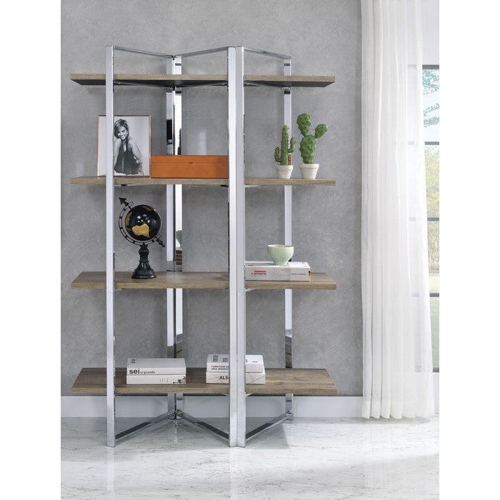 Geometric Metal Framed Bookshelf with Four Open Wooden Shelves, Brown and Silver